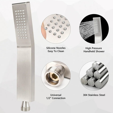 Top Shelf Handheld Shower Head Rig With High Pressure Spray And Flex Hose Kit, Solid 304 Stainless Steel Body, Slick Brushed Nickel Finish, Heavy Duty Wall Mount Bracket For No Fuss Bathroom Upgrades, high pressure shower head with silicone nozzles.