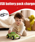 Child playing with toy next to a 4.8V USB RC Car Charger With Indicator Light, All Purpose Battery Charging Cable For Remote Control Toys, Lightweight Travel Ready And Compact, Wide Compatibility With Various RC Models, Black.