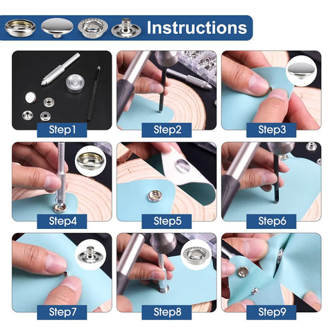 Step-by-step guide for using 323 Piece Canvas Snap Kit With Marine Grade Stainless Steel Caps, Sockets, and Tools on fabric