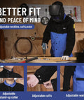 Split Leather Sleeves Welding Jacket With 10oz FR Cotton Body, welder using tools in workshop, close-up of adjustable features.