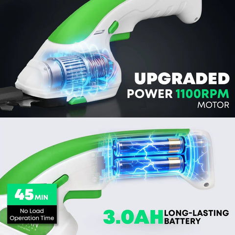 Close-up of 7.2V Cordless Hedge Trimmer And 2 In 1 Handheld Electric Shrub Trimmer with 3.0Ah rechargeable battery detail.