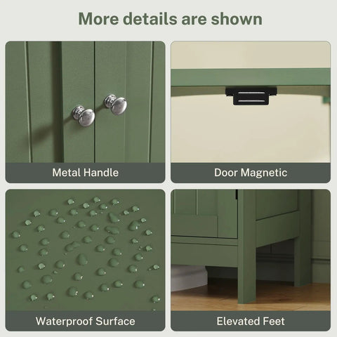 Detailed features of Slick U Shaped Under Bathroom Sink Cabinet With Two Smooth Doors and Nifty Open Shelf including waterproof surface and metal handle.