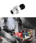 AC Pressure Sensor Switch Replacement High Pressure Sensor For Auto Air Conditioning System OEM 1551343 13587668 Refrigerant Pressure Sensor For Buick Pontiac Isuzu, aluminum and plastic, shown separately and installed in vehicle