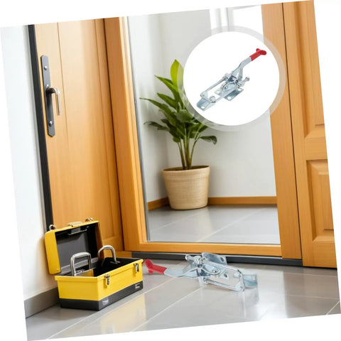 Heavy Duty Galvanized Toggle Latches For Toolbox And Draw Chest With Quick Release Pull Mechanism offers secure locking beside a toolbox.