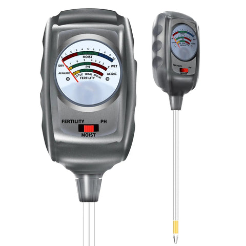 3 In 1 Soil Test Kit With Moisture Meter PH Meter And Fertility Tester For Garden Lawn Yard Indoor And Outdoor Plants Farm Use Easy Readout Black Silver Pro shown close-up with dial indicators.