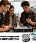 Students using soldering iron with DIY Friendly Oxidation Removal Tinner Paste For Soldering Iron Tips in electronics class