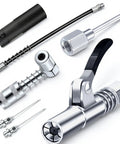 Grease gun accessory kit with chrome fittings, 90deg coupler, needle dispenser, 2 needle nozzles, hose, zerk cleaner