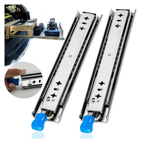 Smooth Operator Side Mount Drawer Slides Badass Ball Bearing Full Extension Locking Rail Pair 48 Inch shown close-up with blue pull handle.