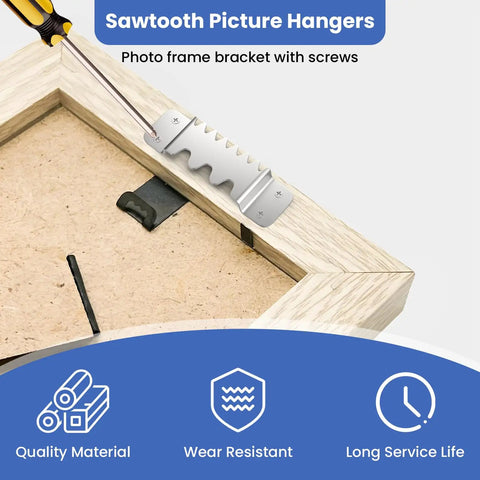 Top Shelf Heavy Duty Sawtooth Picture Hangers Six Pack Rock Solid 300 Lbs showing bracket and screws for easy installation.