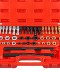 Rocksolid 45 Pcs Thread Repair Tool Kit With Storage Box For Stripped Bolt Restoration And Rethreading Screw Holes Made From Heavy Duty Alloy Steel For Pro And DIY Repairs open red case with thread repair tools