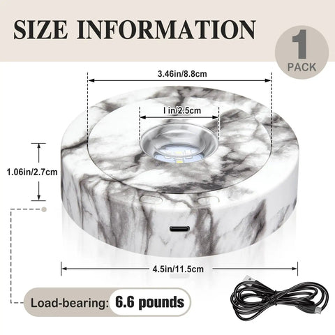 Solid Marble Led Usb Powered Rotating Display Stand With Butter Smooth 360 Spin And Eight Bright Light Modes size information with measurements and cable.