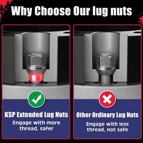 Comparison of KSP extended lug nuts vs ordinary lug nuts on 1.25 Inch Tacoma Wheel Spacers Hubcentric Aluminum With M12x1.5 Studs 6x139.7.