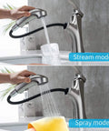 Brushed Nickel Pull Out Bathroom Faucet With 3 Spray Modes Single Hole Sink Faucet Pull Down Sprayer shown in stream and spray modes