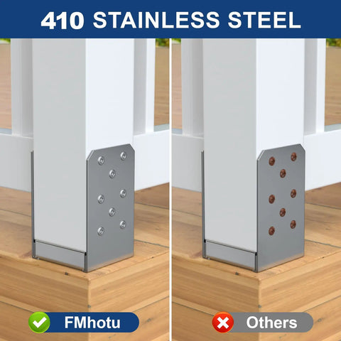 Comparison of installed 410 Grade Stainless Steel Deck Screws 150 Pack With T20 Star Drive vs other screws on outdoor wood post.