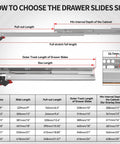 How to choose drawer slides size chart for Undermount Soft Close Heavy Duty Drawer Slides For 21 Inch Drawers, 80LB Capacity, Bottom Mount Rails With Copper Hydraulic Buffer And Double Spring System Delivering Quiet, Smooth, Pro Grade Closing For Kitchen Cabinets And Tool Chests For DIYers.