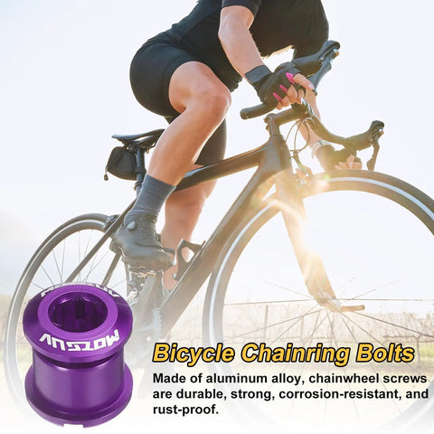 Cyclist riding road bike with focus on Five Piece Double Chain Ring Bolts M8 Aluminum Alloy Bicycle Crankset Nuts Chainring Screws Purple