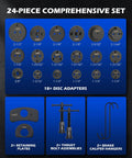 Close-up of Universal Disc Brake Caliper Tool Kit 24 Piece Set with 18 adapters, retaining plates, thrust bolts, hangers by Orion Motor Tech.