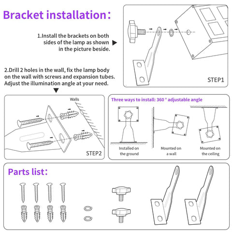 Bracket installation guide for Two Pack 60W LED Black Light Bar Flood Light With Switch Plug And 5 Foot Cable, 60 LEDs, Wide 120 Degree Beam