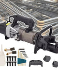 Kickass Heavy Duty Electric Hydraulic Rebar Bender And Steel Straightener with accessories and a steel rod backdrop.