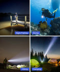 Collage of Beast Bright 8000 Lumen Underwater Dive Light in use: fishing, scuba diving, hiking, and camping at night with green beam.