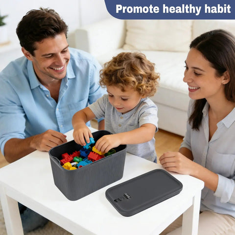 Family using Upgraded Small Medicine Lock Box With Secure Combination Bpa Free Pill Safety Canister Keeps Your Stash Locked Down Ideal Phone Jail Desk Snack Locker And Office Fridge Organizer In Gray for play.