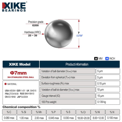 Heavy Duty 7Mm 100 Pack 304 Stainless Steel Bearing Balls Polished Smooth showing specifications and dimensions for precise use.