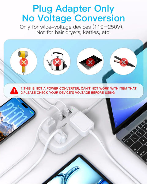US To European Travel Plug Adapter With 3 Foot Extension Cord Type C E F Power Converter connected to devices with warning information.