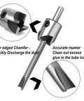 Close-up of Pen Mandrel Saver Universal Barrel Trimming System showing four-edged chamfer and reamer for precision pen turning.