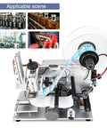 Rock Solid Semi Automatic Plane Labeling Machine With Adjustable Applicator For Flat Bottles, applying labels in a production setup.