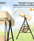Outdoor Porch Swing With Adjustable Canopy And Heavy Duty Stand, close-up of canopy in beige with steel frame and backdrop.