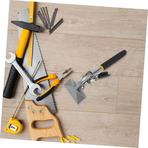 Assorted tools including a saw, wrench, pliers, and screws on a wooden surface, part of the Beefy Pro Grade Metal Bender Kit for 150 75 Series Light Steel.