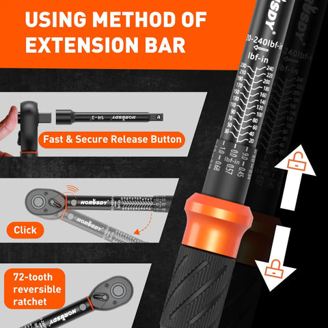 Quarter Inch Torque Wrench Set With 20 To 240 In-Lb Range, Three Inch Extension Bar, One Quarter To Three Eighths Inch Adapter, Cr-V Pro-Grade Inch-Pound Wrenches For Bike Motorcycle And Small Engine Repair, shown with extension bar and ratchet