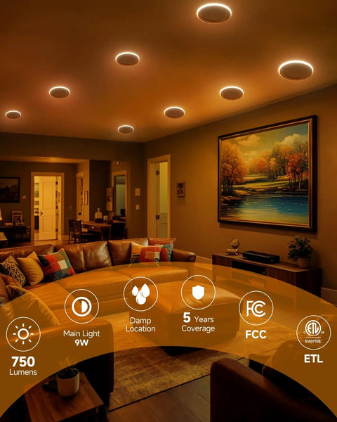 Sweet Setup 12 Pack 4 Inch LED Recessed Ceiling Lights With Built In Amber Glow And Zero Sweat Dimmable 5Cct Control illuminating a modern living room.