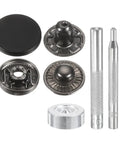 24 Piece Leather Snap Fastener Kit Matte Black 20mm Brass Press Stud Buttons With 4 Install Tools For Coats Bags Leather Marine Canvas DIY Friendly Heavy Duty Set, showing components and tools.