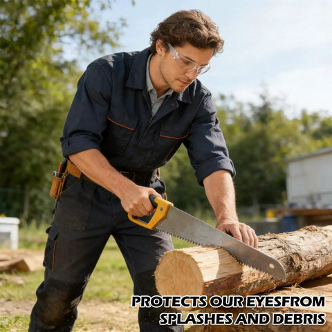 Worker using Rock Solid Bulk Safety Glasses Clear Protective Eyewear For Job Sites And Labs Work Ready, cutting logs with a saw.