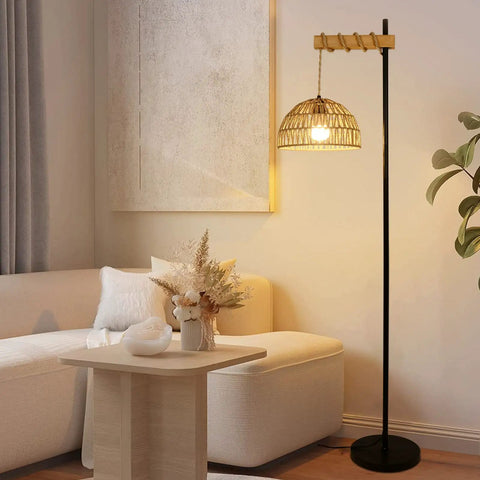 Cozy Tall Floor Lamp With Rattan Lampshade 3 Color Temperatures And Stepless Dimmer Smart Floor Lamp beside a modern sofa in living room.
