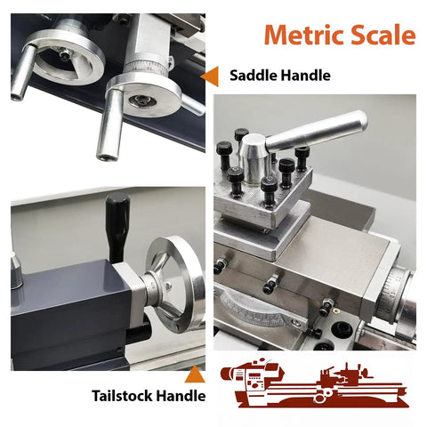 Badass Mini Metal Lathe 8 Inch Swing By 31.5 Inch Center Distance showing metric scale, saddle handle, and tailstock handle details.