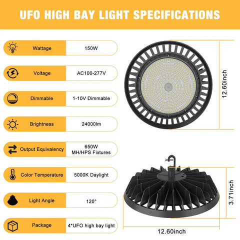 UFO LED High Bay Light 150W Industrial Shop Lighting with 24,000 Lumens diagram and specifications showcased.