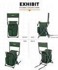 Backpack Cooler Chair With Backrest, Folding Camping Stool For Outdoors, Hiking And Travel in green, multiple angles shown
