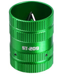 Green metal pipe reamer with knurled grip, model ST-209 for copper and PVC tubing (front view).
