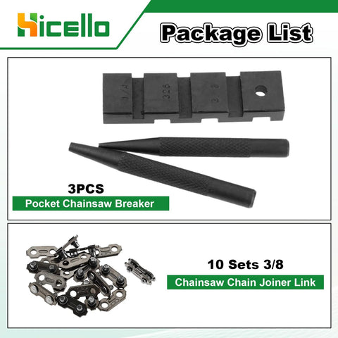 Hicello 3pc pocket chainsaw breaker with knurled handles; includes 10 sets of 3/8-in chain joiner links.