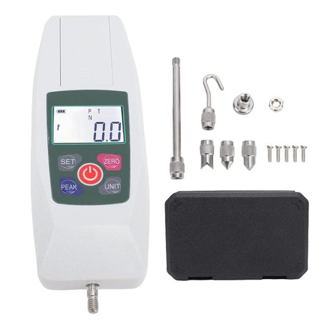 Top Shelf Digital Push Pull Dynamometer With Backlit Lcd And Portable Handheld Force Gauge showing display and accessories.