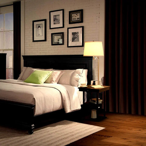 Space Saving Side Table With Built In Floor Lamp And USB Port, Nightstand And Desk Lamp Combo beside bed in dimly lit room