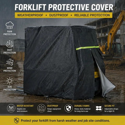 Top Notch Heavy Duty 420D Oxford Forklift Cover For Toyota Pneumatic Tire 8FGU15 1.5t Models From 2012 To 2021 With Smart Vent And Zipper For Outdoor Garage Or Warehouse Storage Protection in rainy conditions.