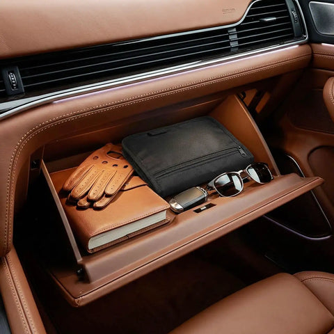 Heavy Duty Car Glove Box Organizer Keeps Your Paperwork Legit And Ride Ready Zippered Oxford Canvas Document Holder in a car glove compartment.