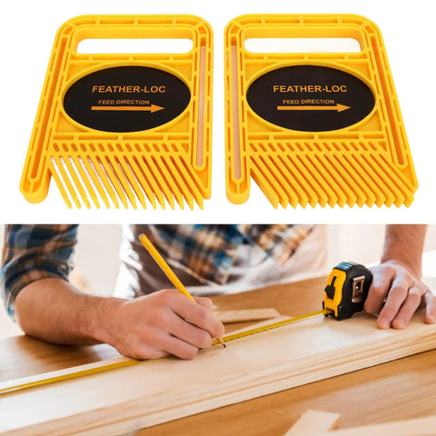 Kickback Buster 2 Pack Adjustable Featherboards For Table Saws Router Tables And Band Saw Fences Keep Your Cuts Hella Smooth With Rock Solid Feeder Guides Yellow on a workbench.