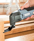 Universal Oscillating Saw Blades Set For Wood Metal Plastic High Carbon Steel 26 Pieces Multitool in action on wood
