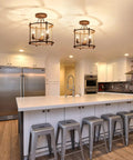 Three Light Farmhouse Vintage Semi Flush Mount Ceiling Light Fixture in Rustic Oil Rubbed Bronze Metal above kitchen island