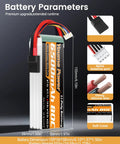 Two Pack 4S 6500mAh 80C LiPo Battery With Soft Case And TR Connector For 1/7 And 1/8 Scale RC Cars Trucks Truggy Buggy Aircraft Drones Boats Models XMaxx Compatible High Power Extension For Long Run Time, showing battery dimensions and components.