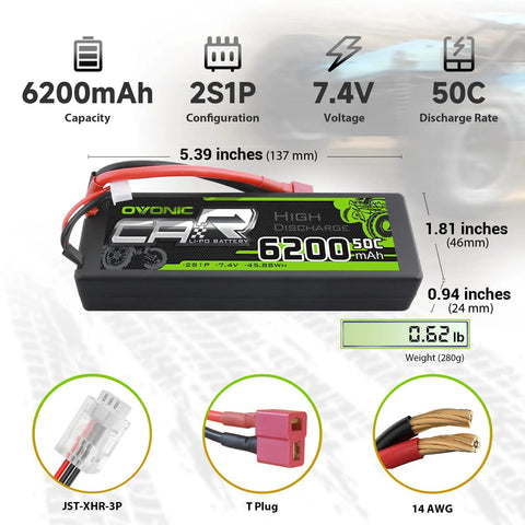 Dimensions and features of 6200mAh 7.4V 2S LiPo Battery With 50C Discharge And Dean Style T Connector for RC cars and trucks.
